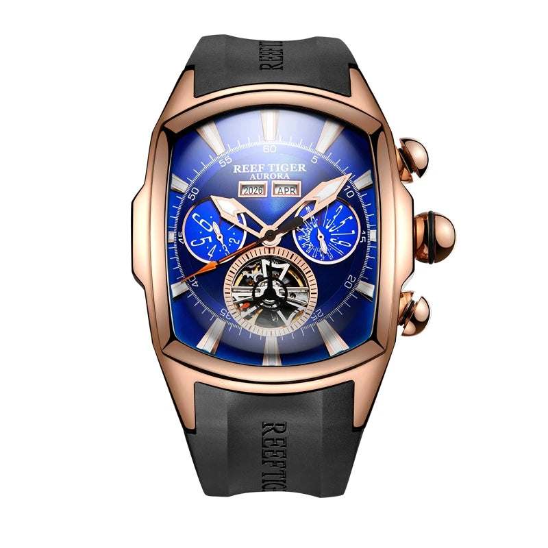 Reef Tiger/RT Designer Sport Watches with Tourbillon Stainless Steel Rubber Strap Blue Dial Automatic Watches RGA3069