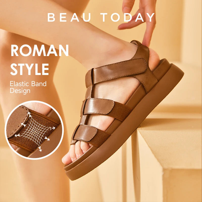 BEAUTODAY Gladiator Sandals Women Genuine Cow Leather Flats Open Toe Ankle Strap Summer Casual Ladies Platform Shoes 34560