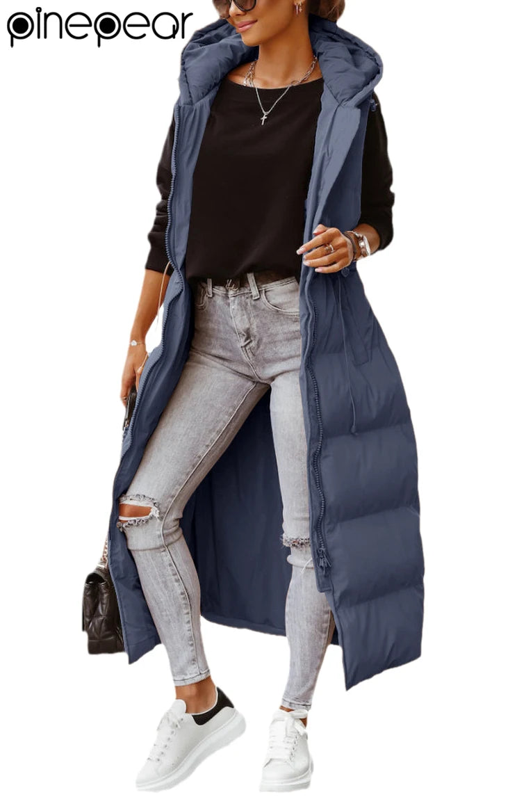 PinePear 2025 Fall Winter Fashion Women Super Long Quilted Vests Hooded Maxi Length Sleeveless Puffer Vest Padded Coat Outerwear