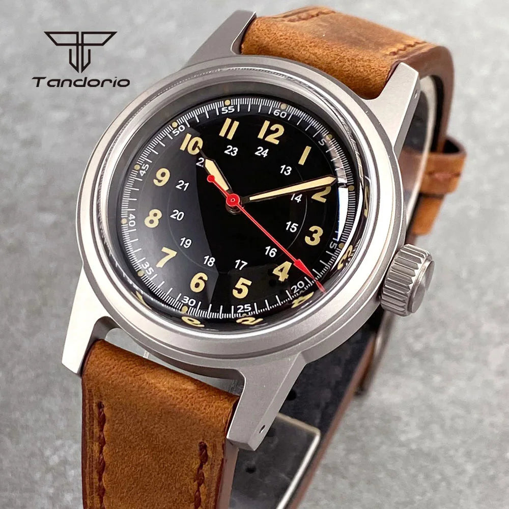 Tandorio Sandblasted 36mm Men's Dive Mechanical Wristwatch Domed Sapphire Crystal NH35 PT5000 20BAR Luminous Watch Date Leather