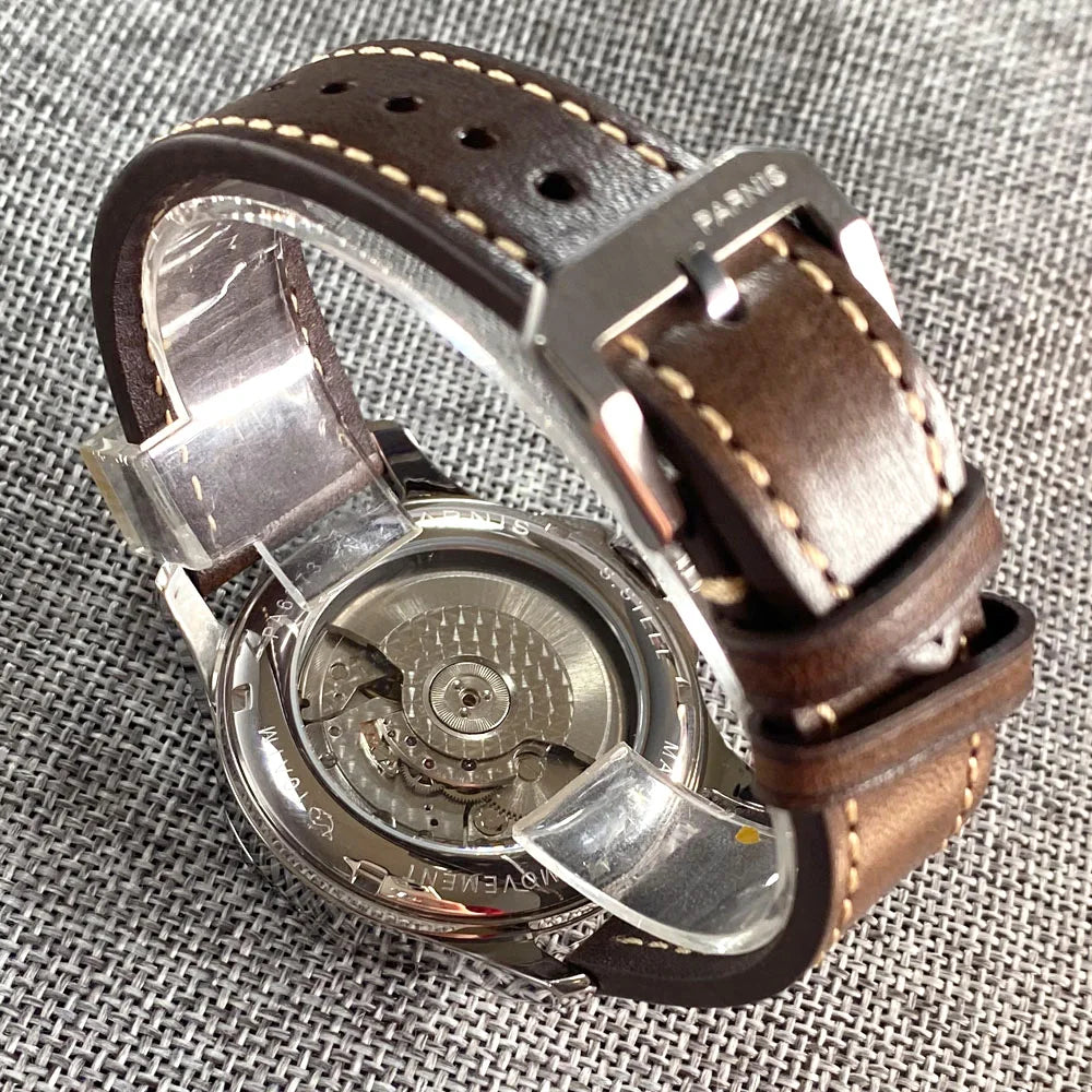 PARNIS GMT Pilot Vintage Automatic Watch for Men 316L Stainless Steel Leather Band Glass Back ST2557 Movement Sports Watches
