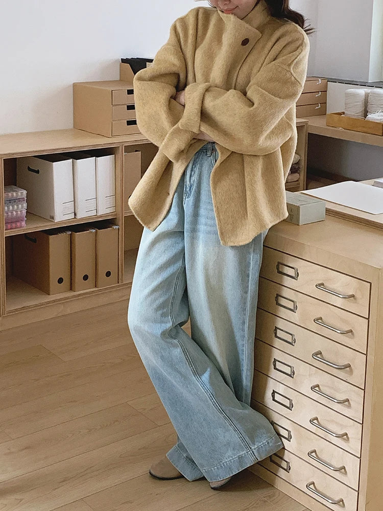 New Winter Short Woolen Coat Fashion Causal Warm Mulberry Silk Lapel Double-sided Wool Coat Loose Suit Jacket Female Tide Autumn
