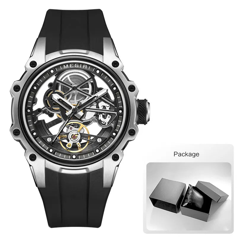 MEGIR Skeleton Dial Automatic Mechanical Watch Men Stainless Steel Case Waterproof Luminous Sport Wristwatch with Silicone Strap