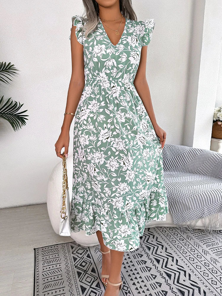 Summer Floral Midi Dresses For Women Casual Sleeveless Ruffle Holiday Beach Dress Fashion White V Neck New In Dresses 2023