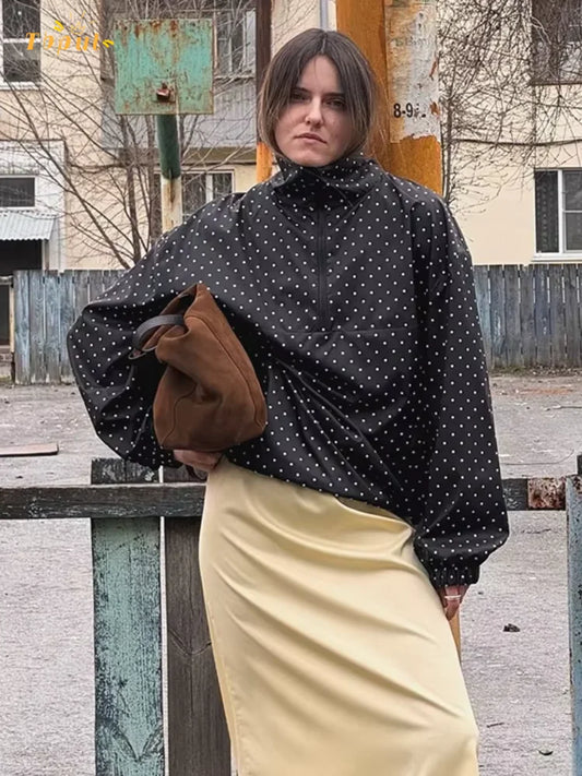 Black Polka Dot Half Zip Pullover Coat Women Loose Fit Puff Sleeves Outfit 2025 New Fashion Street Daily Autumn Outerwear 2025