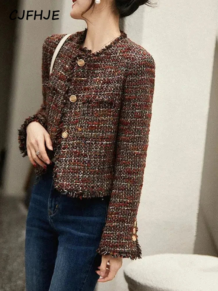 CJFHJE O-neck Tweed Fragrant Lady Coats Autumn Winter New Elegant Lady Outerwear Tops Tassel Single Breasted Women Woolen Jacket