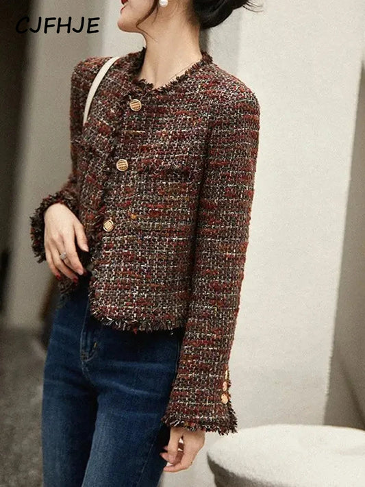 CJFHJE O-neck Tweed Fragrant Lady Coats Autumn Winter New Elegant Lady Outerwear Tops Tassel Single Breasted Women Woolen Jacket