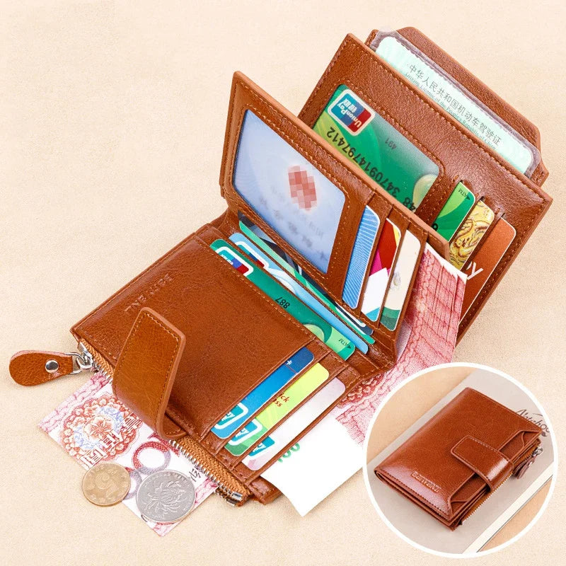 Genuine Leather Wallets for Women Red Money Purses Zipper RFID Short Female Small Card Holder Coin Purse Trifold Bifold Wallet