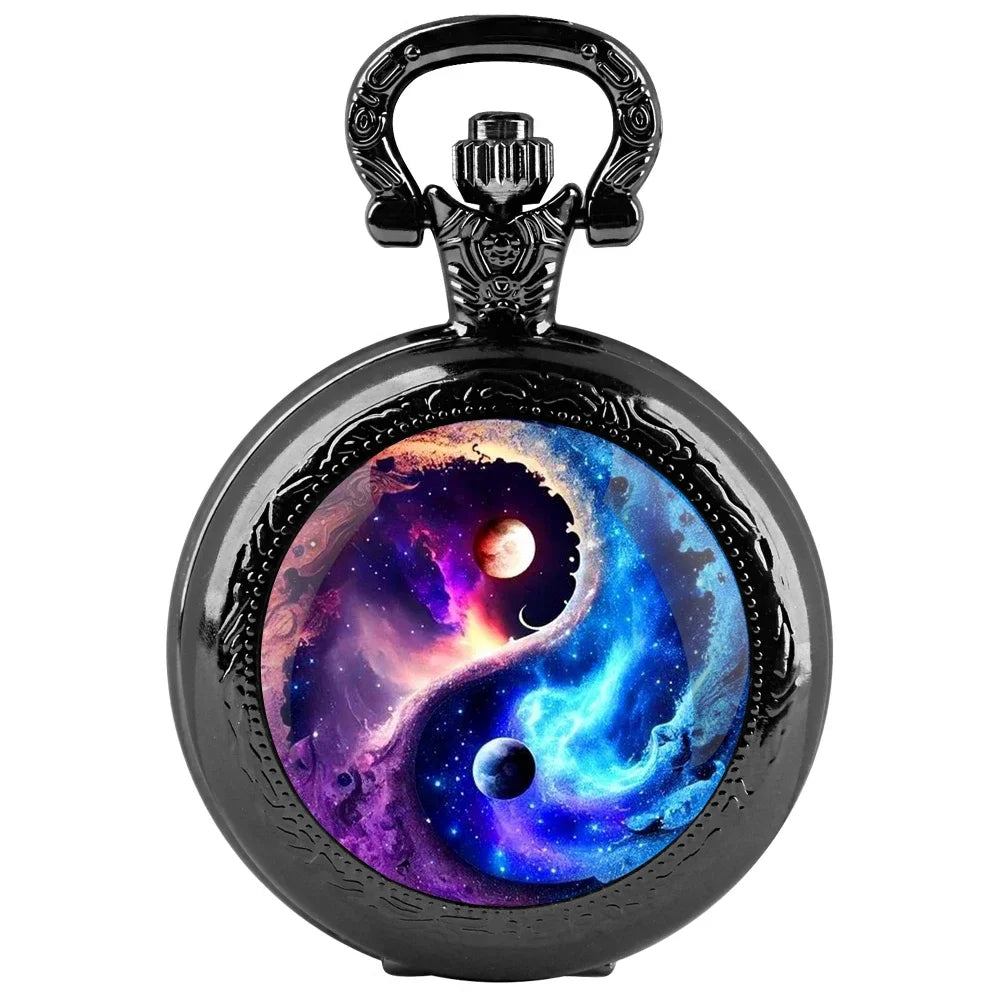Creative Yin-Yang Planet Dome Quartz Pocket Watch Arabic Numeral Dial Vintage Men Women Necklace Pendant Creative Clock Gifts