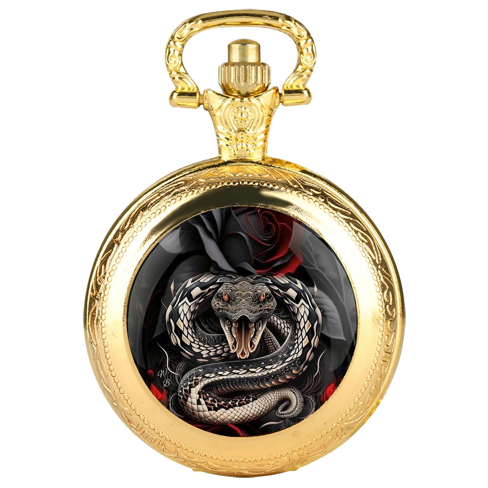 Furious Snake Inspired Design Black Quartz Pocket Watch with Durable Chain Arabic Numeral Time Display for Men and Women Gifts