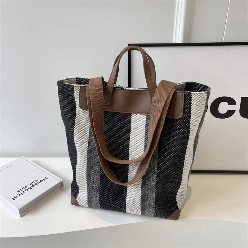 Striped Shoulder Bucket Bags For Women Canvas Fabric Large Capacity Shopping Totes Contrast Color Commute Shopper Handbags 2024