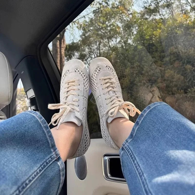 MORAZORA INS Fashion Suede Leather Women Sneakers Lace Up Mesh Breathable Cut Outs Flat Shoes Summer Casual Shoes Female