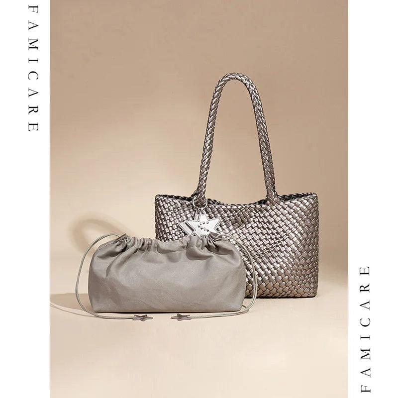 New Style Hand-woven Women's Bag Trendy Single-shoulder Underarm Bag Textured Casual Hand-held Mother-Daughter Tote Bag Handbag