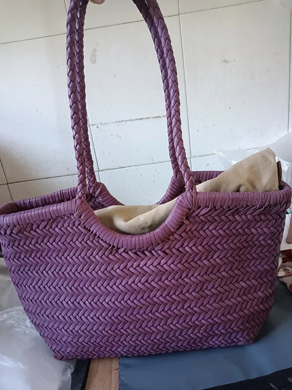 Hand Knitted Designer Genuine Leather Elegant Handle Female Totes Vintage Women's Handbag Cowskin Lady Large Shoulder Bag