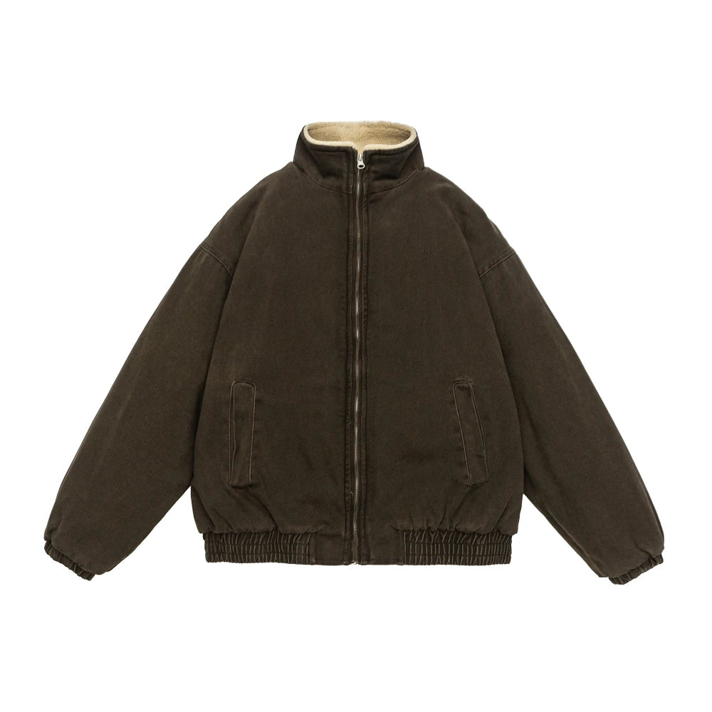 Autumn Winter American Lamb Wool Jacket Men Women Japanese Fashion Vintage Stand Collar Thick Coat Couple Trendy Jacket Unisex