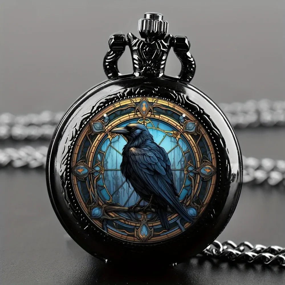 Exquisite Vintage Crows Quartz Pocket Watch - Necklace Pendant With World Time Feature, Alloy Case, Ideal Gift For Men & Women