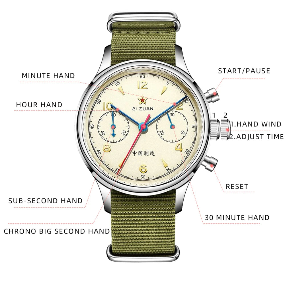 SEAKOSS 38mm Men's 1963 Chronograph Sapphire Mechanical Watches with Seagull Movement ST1901 Military Wristwatch Gooseneck 40mm