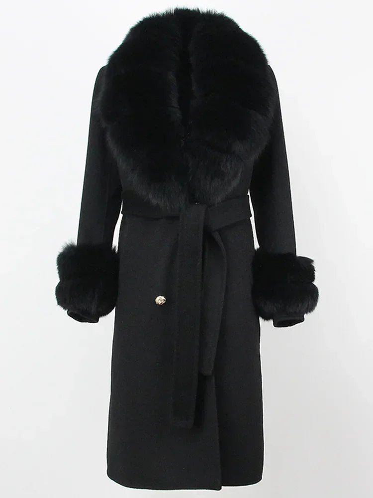 2024 Winter Jacket Women Long Natural Wool Blends Cashmere Real Fur Coat Double Breasted Belt Warm Wool Streetwear New Fashion