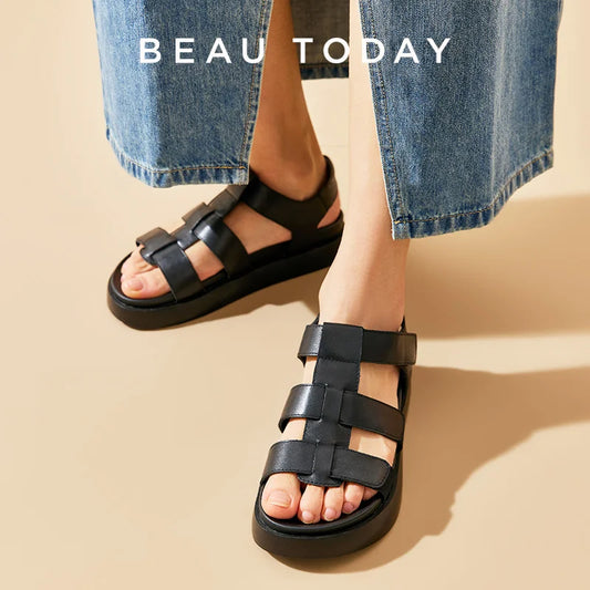 BEAUTODAY Gladiator Sandals Women Genuine Cow Leather Flats Open Toe Ankle Strap Summer Casual Ladies Platform Shoes 34560