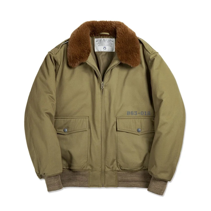 Maden Vintage B10 Bomber Jacket Zippered Cotton Flight Coat with Fur Collar Lapel Pockets Green Cotton Jacket for Men's Winter