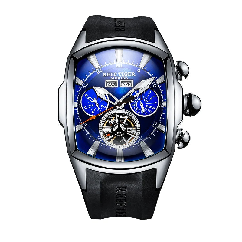 Reef Tiger/RT Designer Sport Watches with Tourbillon Stainless Steel Rubber Strap Blue Dial Automatic Watches RGA3069