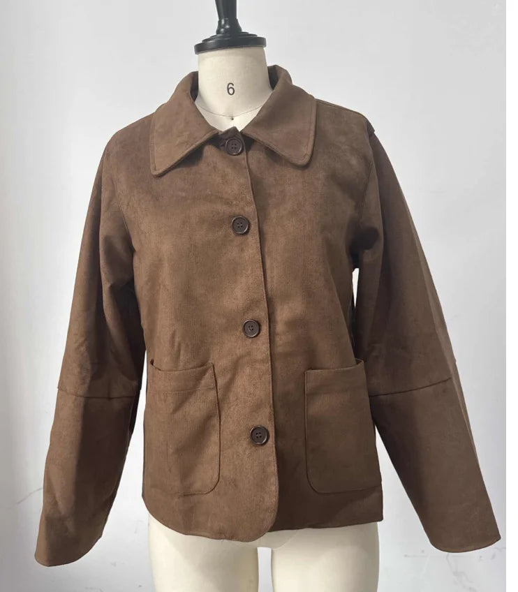 Vintage Women's Belt Short Suede Jackets Loose Lapel Zipper Full Sleeve Zipper Coat Female 2025 Autumn Lady Commute Outwear