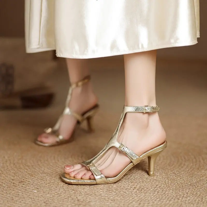 MORAZOR Plus Size 34-41 New Faux Leather Women Sandals Buckle Gold Silver High Heels Sandals Fashion Summer Ladies Party Shoes