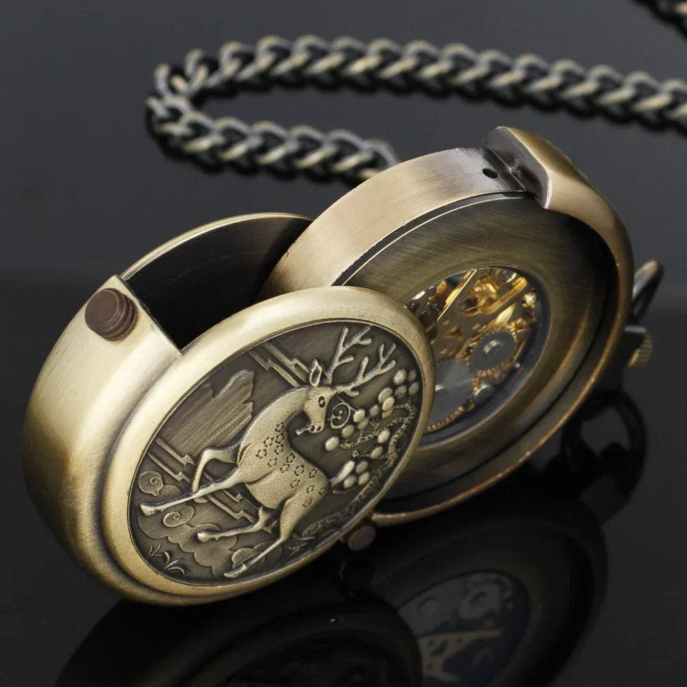 Bronze Elk Manual Mechanical Pocket Watch Roman Numerals Skeleton Dial Pendant Clock  Casual Fashion Gifts for Women Men Relógio