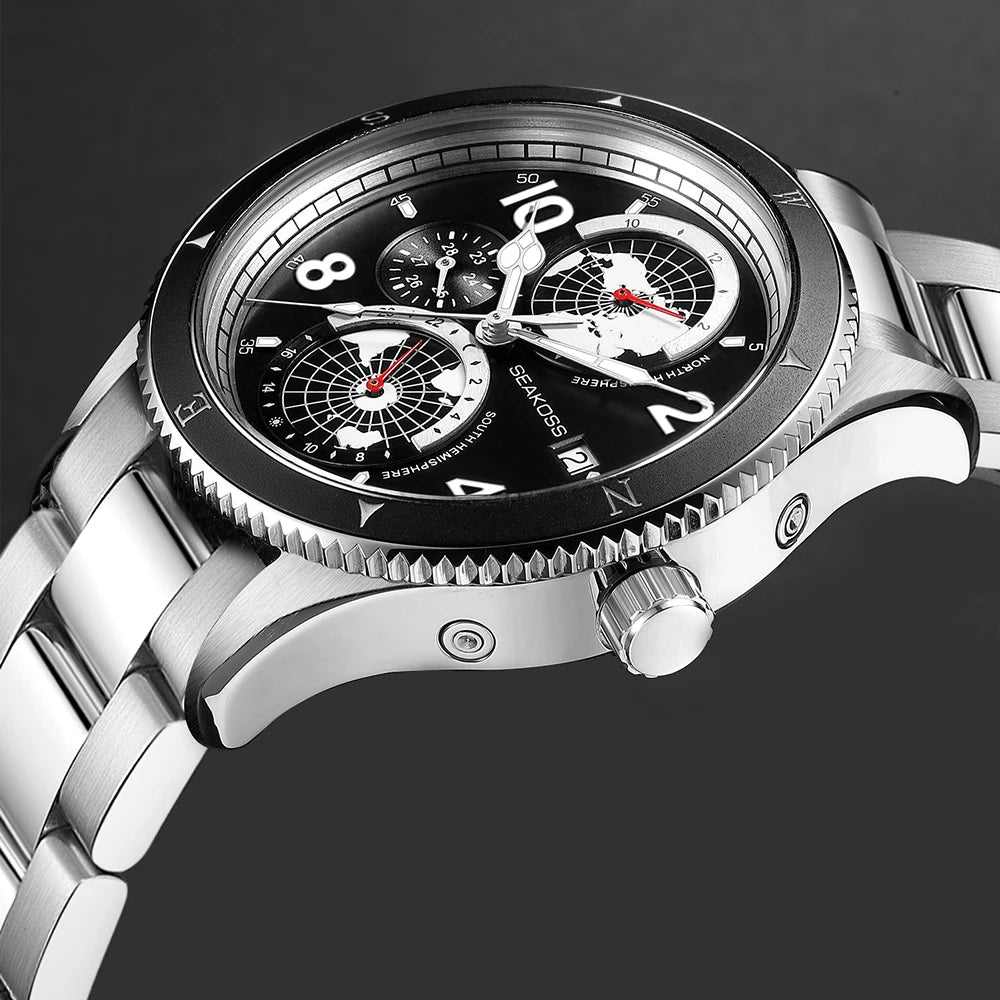 SEAKOSS 100m Diving Mens Earth Automatic Mechanical Watches Super Luminous Sapphire Wristwatches Calendar 24Hours Display Clocks