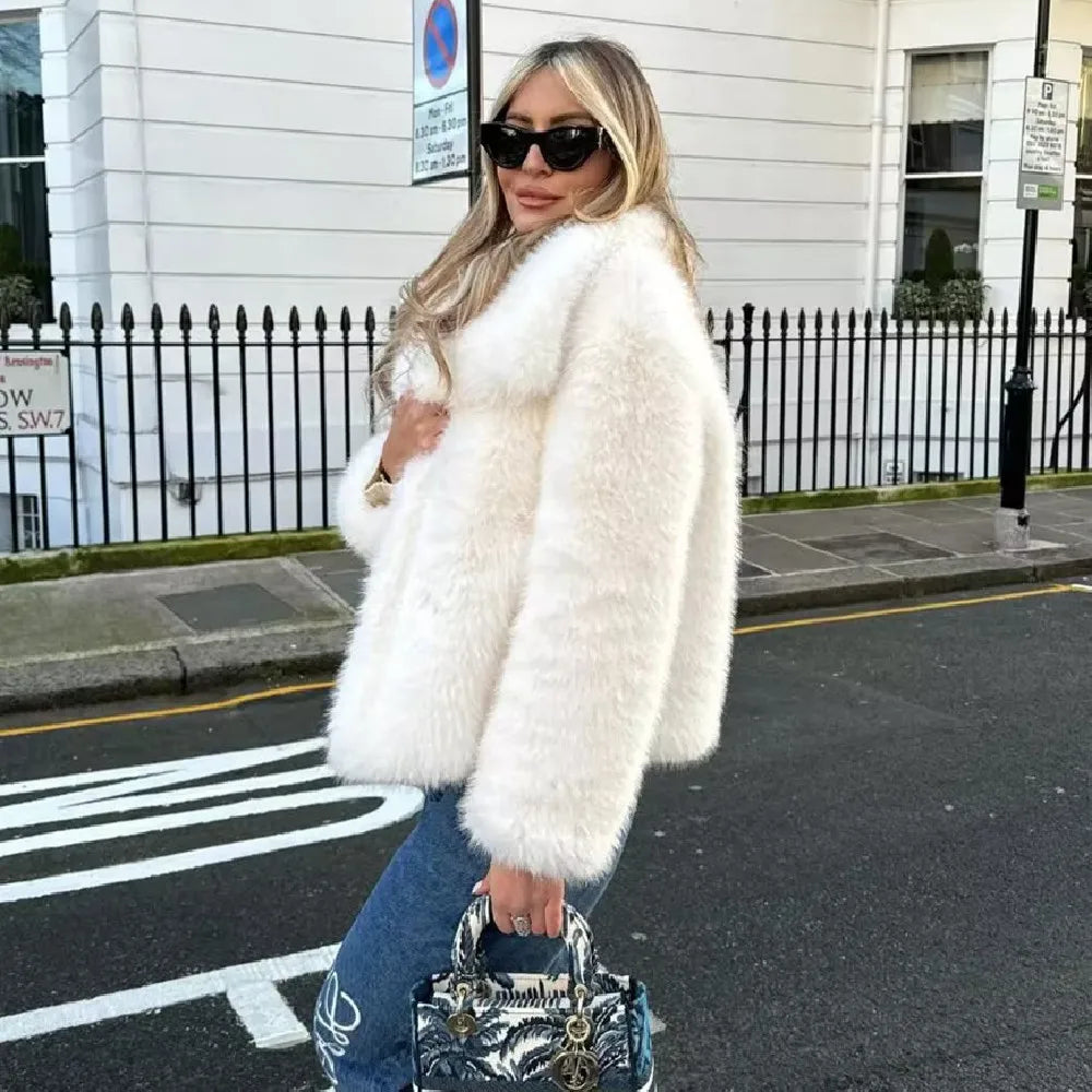 BSK&TRAF Women's 2025 New Large Lapel Thickened Coat Artificial Fur Effect Temperament Elegant Warm Jacket
