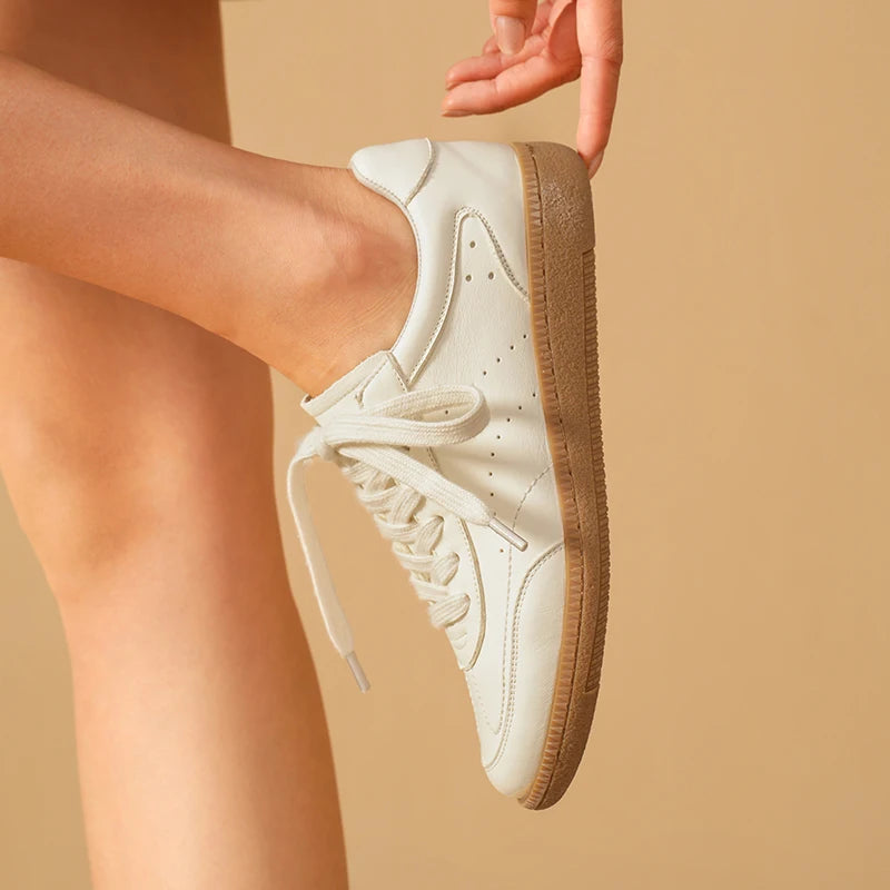 BEAUTODAY White Sneakers Women Cow Leather Lace-up Round Toe Sewing Ladies Trainning Shoes Handmade 29932
