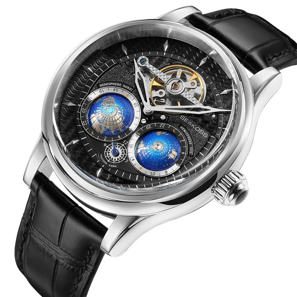 SEAKOSS 3D Double Earth Rotating Men's Mechanical Watch Automatic Movement Waterproof Clock Pilots Male 1963 Flywheel Watches