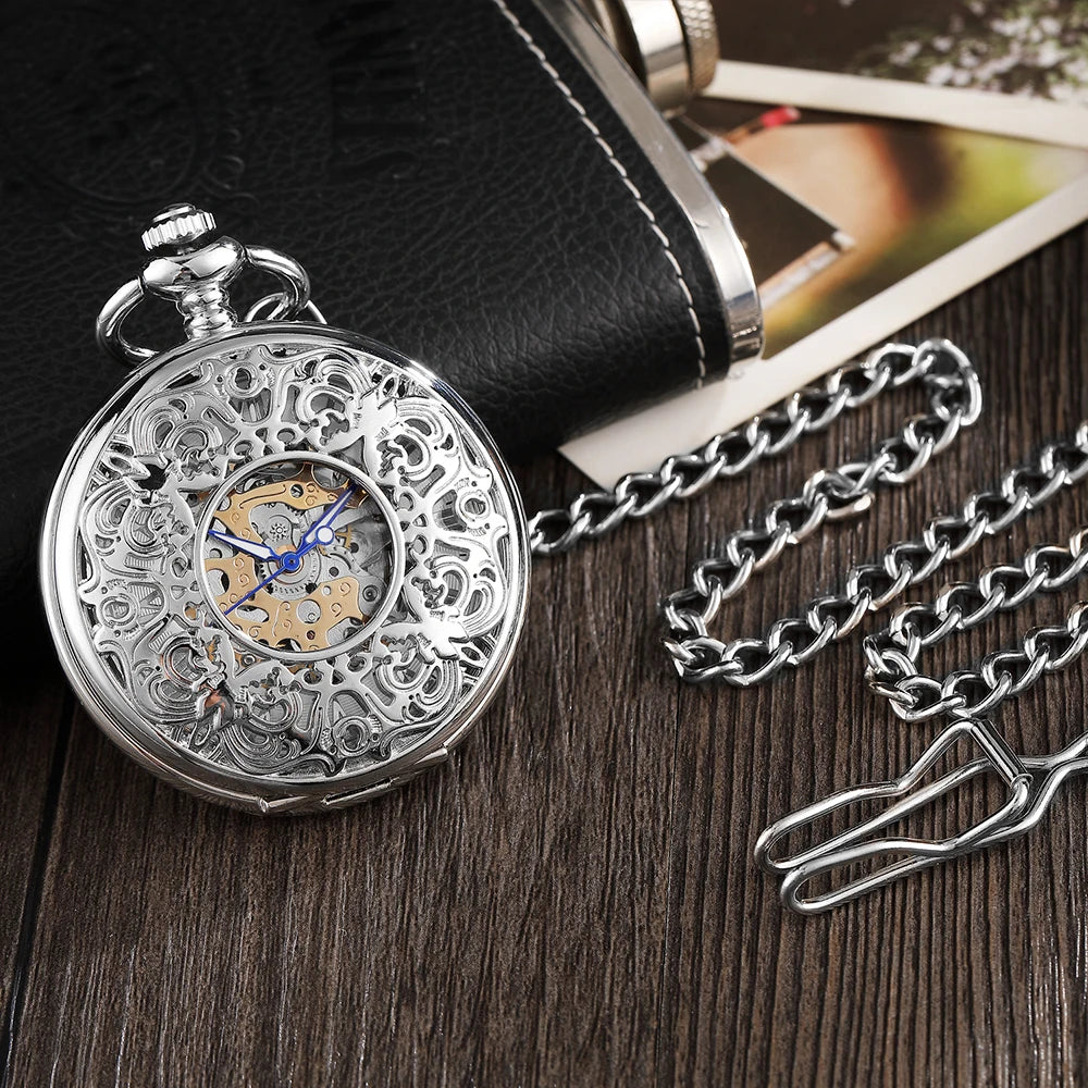 Retro Mechanical Pocket Watch Red Cross Hand-winding Silver Edelweiss Sculpture Hollow Vintage Skeleton Watches Men FOB Chain