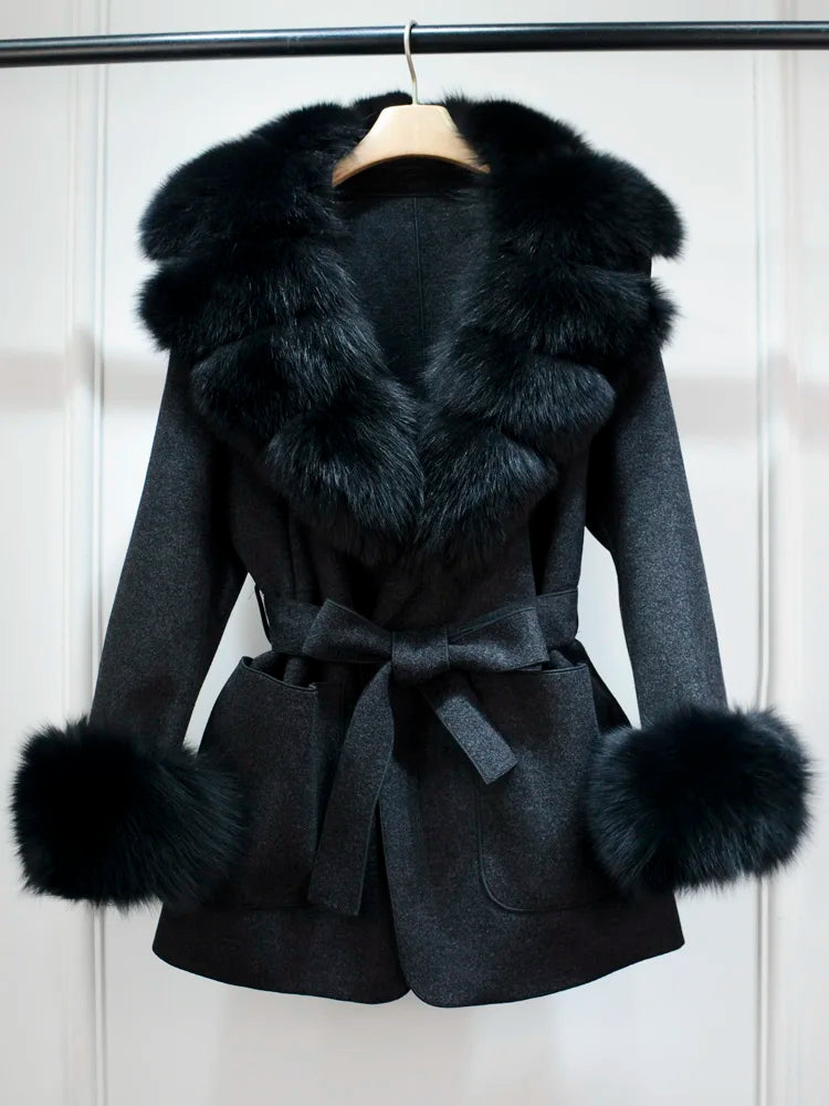Lagabogy 2025 Large Natural Fox Fur Collar Cuffs Winter Cashmere Wool Blends Women Slim Fit Suit Double Sided Woolen Trench Coat
