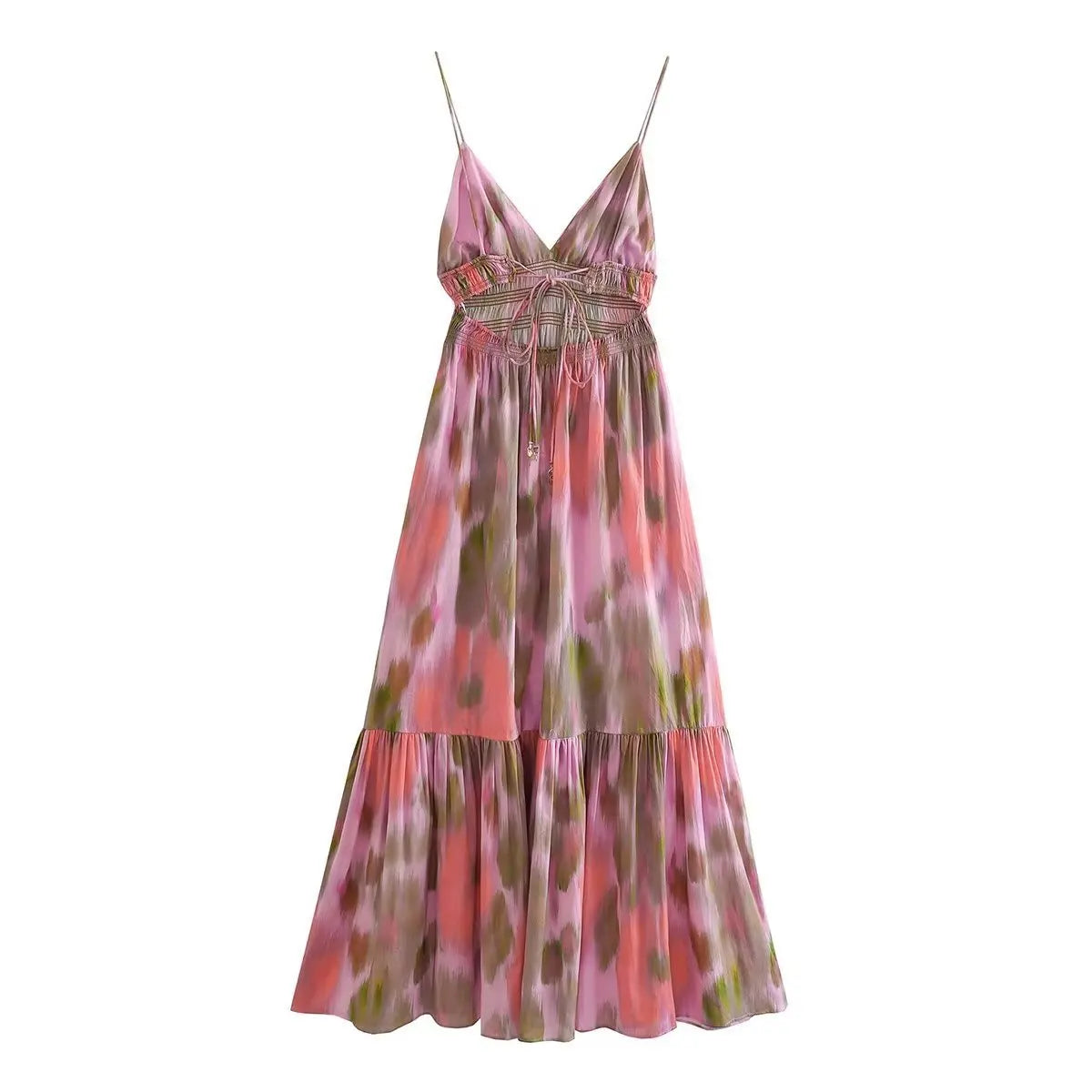 Fashion Printed Elastic Waist Backless Dress Women Lace Up Vintage Straps V-Neck Midi Dresses Female Vacation Chic Beach Dresses