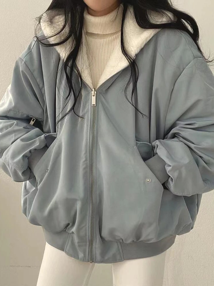 Korean Version Plush Thickened Double-sided Lamb Wool Cotton Coat Women's Winter Loose Solid Color Zipper Hooded Jacket 2020 New