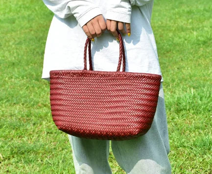 Genuine Leather Hand-woven Vintage Tote Bag New Classic Design Cowhide Shoulder Bag Women's Spring Summer French Bucket Bag 2025