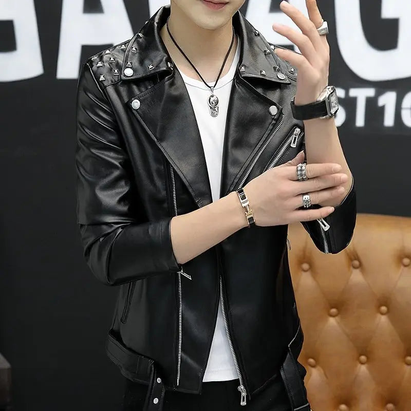 2024 Autumn Men's Leather Jacket, Suit Collar Coat Slim Men's Short Motorcycle clothing