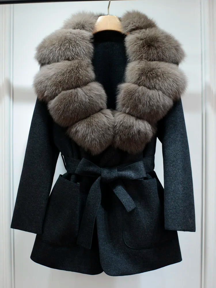 Lagabogy 2025 Large Natural Fox Fur Collar Cuffs Winter Cashmere Wool Blends Women Slim Fit Suit Double Sided Woolen Trench Coat