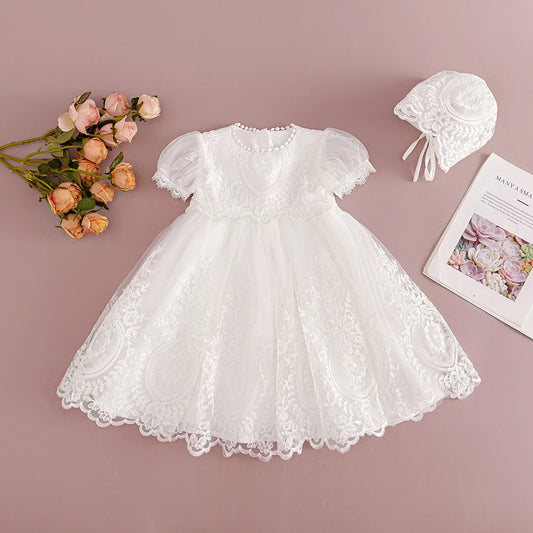 HETISO Baby Girls Elegant Embroidery Long White Christening Dress with Banner Toddler Birthday Party Gown 1 2 Years