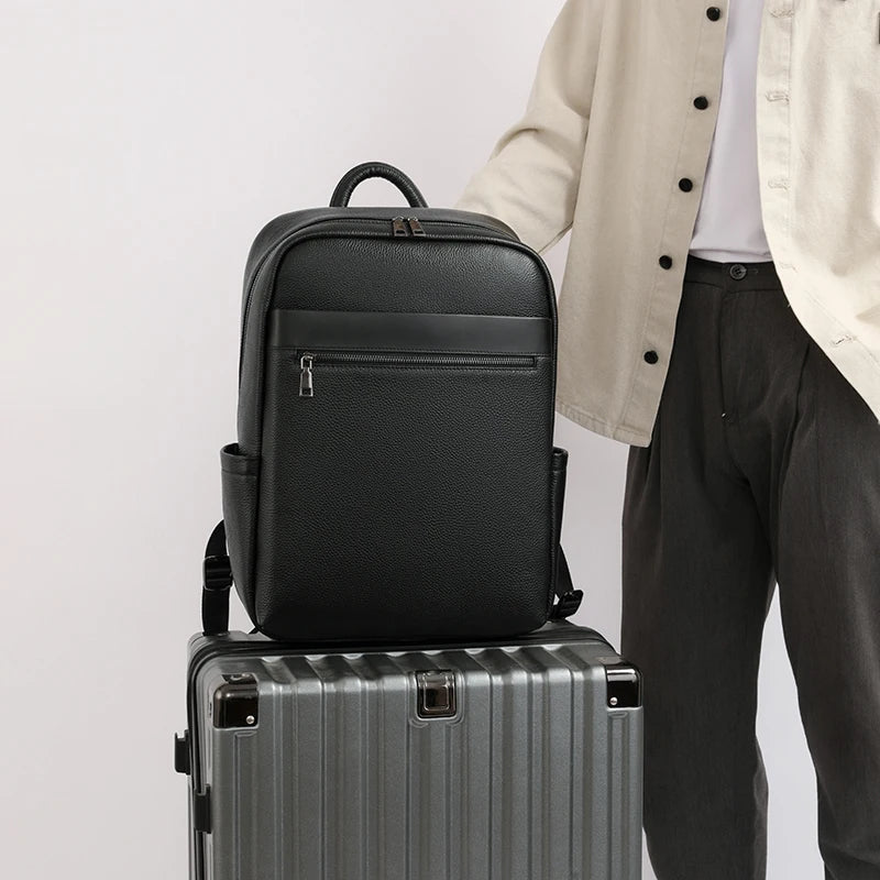 High Quality Minimalism Men's Black Backpack Bag Genuine Leather Double Shoulder Bag Cow Leather Man Backpack for Business