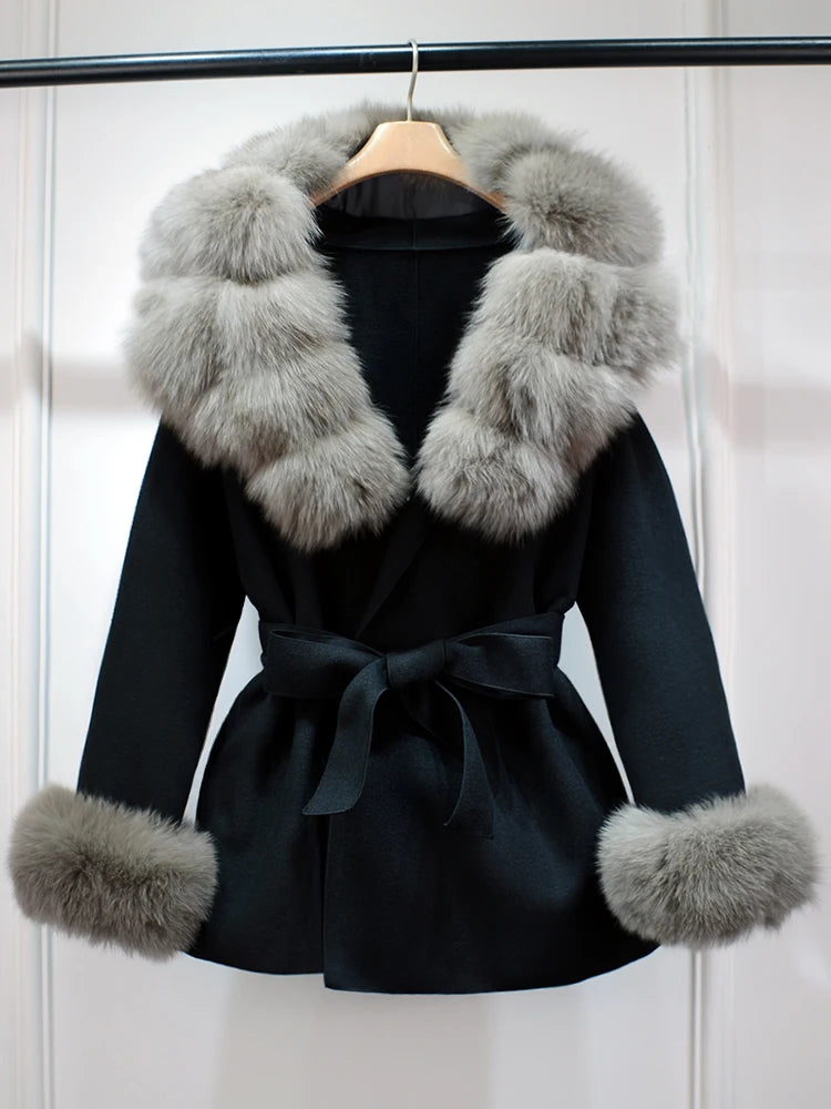 2025 Fashion Winter Real Fox Fur Collar Cuff Cashmere Wool Coat Women Suit Collar Warm Loose Mid Length Belted Wool Coat Blends