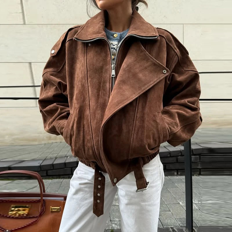 Vintage Women's Belt Short Suede Jackets Loose Lapel Zipper Full Sleeve Zipper Coat Female 2025 Autumn Lady Commute Outwear