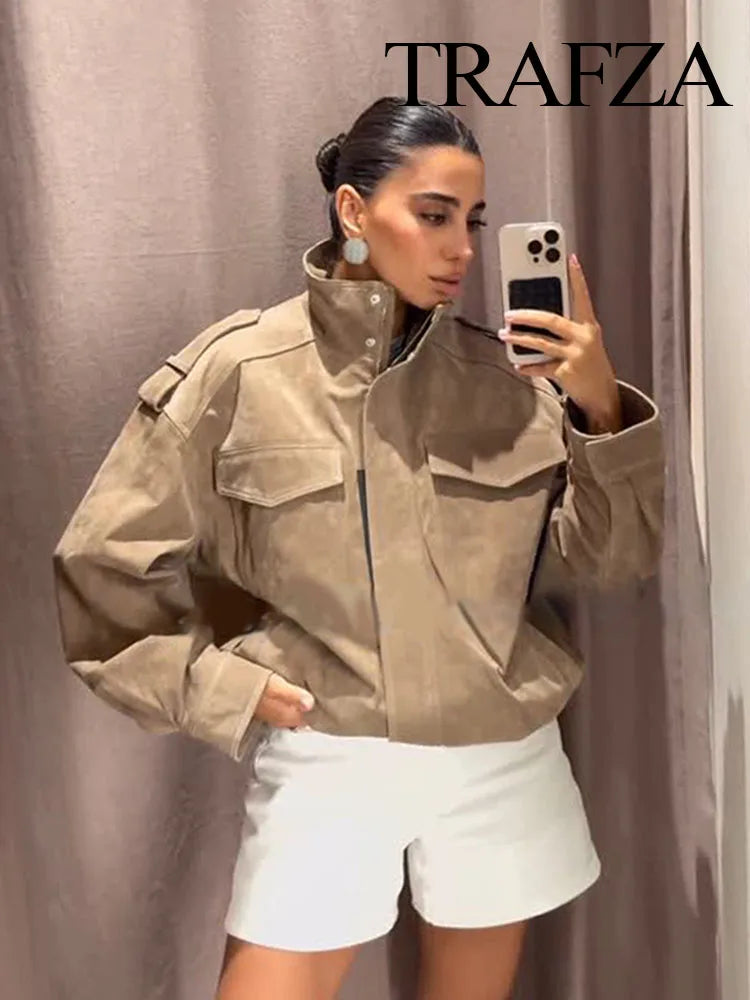 TRAFZA Women's New Fashion Long Sleeves Jackets Solid Turtleneck Pocket Decoration Zipper Female Autumn High Street Coats