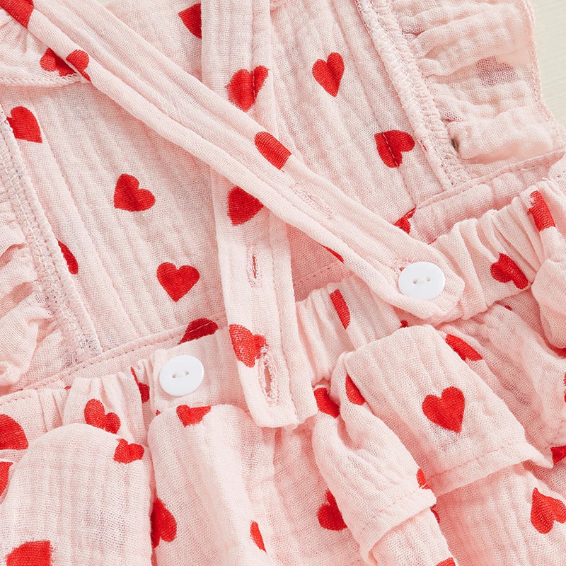 Infant Toddler Baby Girls Valentine's Day Romper Bow/Heart Print Flutter Sleeves Square Neck Bodysuit with Bow Headband