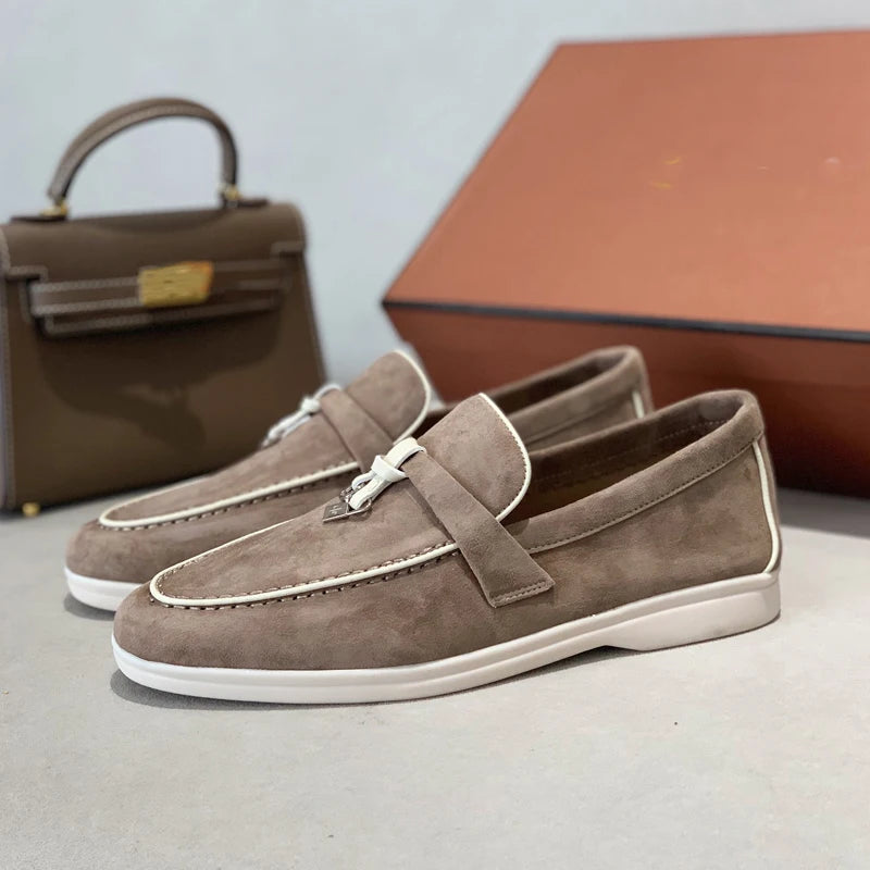 2025 Men's Flat Loafer Summer Top Quality Suede Leather Tassel Metal Buckle Pink Slipper Mules Comfortable Slip on Shoes