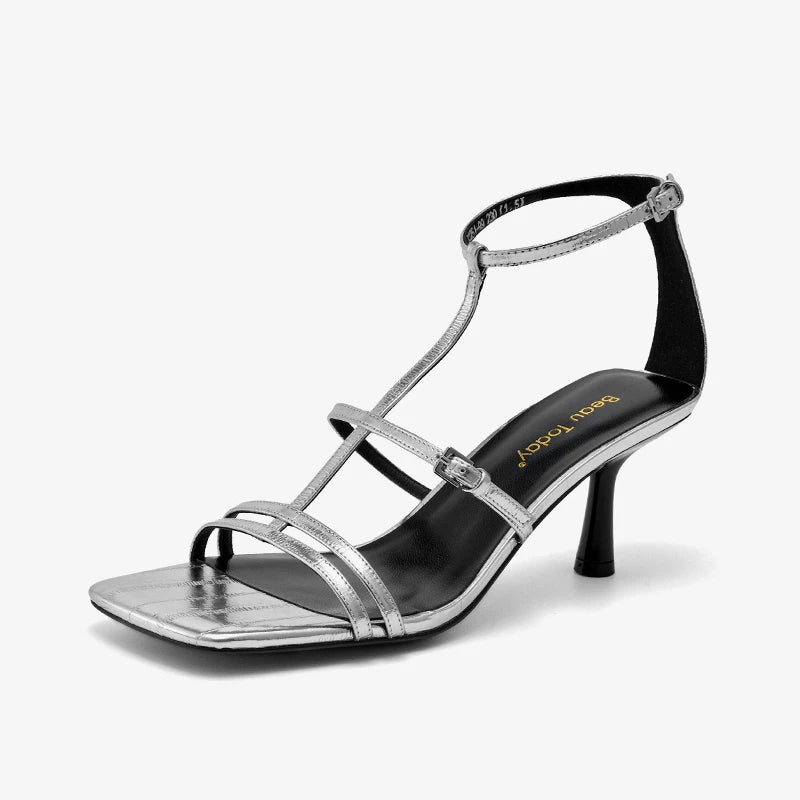 BEAUTODAY Fashion Stilettos Women Genuine Cow Leather Solid Color Gladiator Style Ankle Strap Summer Ladies ShoesHandmade 31251