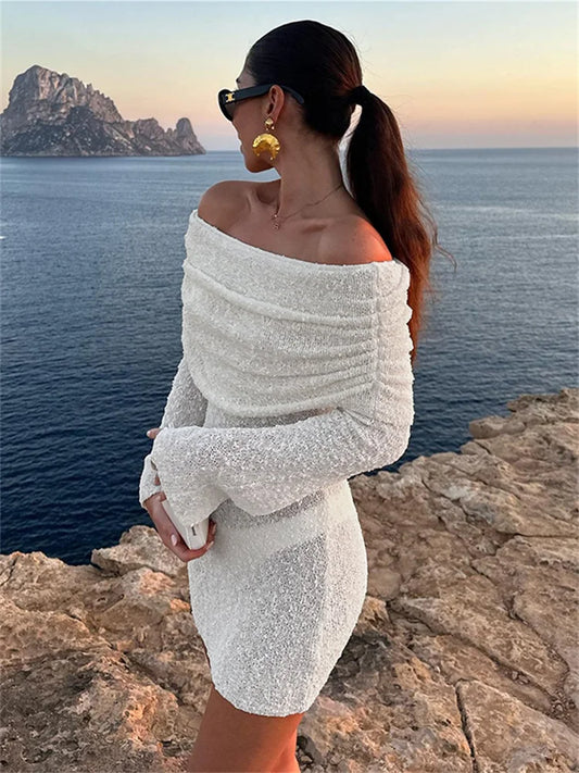Whatiwear Sexy See Through Dress Women Ruched Slash Neck Flared Sleeve Vacation Fashion Beach Party Elegant Knit Mini Bodycon