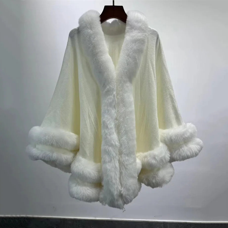 Women's Thick Warm Cashmere Poncho Capes, 2 Circle Faux Fur Collar, Big Pendulum Shawl, Overcoat Loose Cloak, Winter
