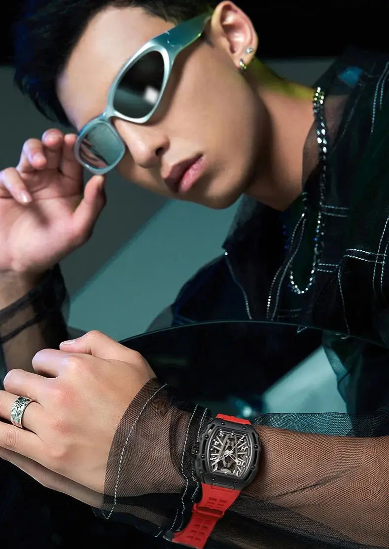 2025 Fashion Skeleton Automatic Watch Men Sports Silicone Strap Tonneau Red Wristwatch Man Luxury Mechanical Clocks Reloj Hombre